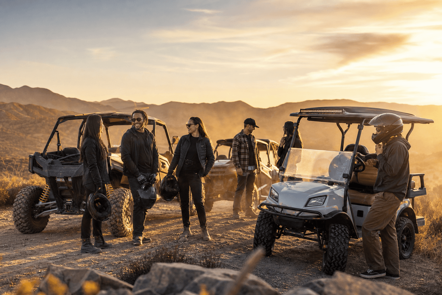 Riders with UTVs and golf carts at golden hour